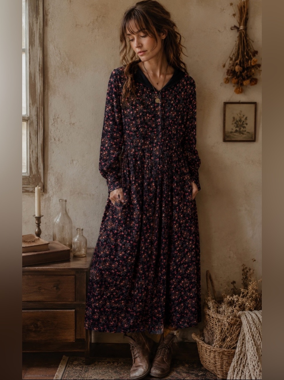 Vintage Eddie Bauer Dark Floral Corduroy Button Up Dress With Collar Size Large